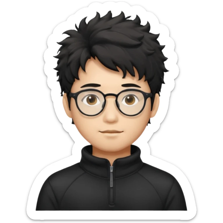 Make an Asian male with black fluffy messy hair wearing a black quarter zip and glasses sticker