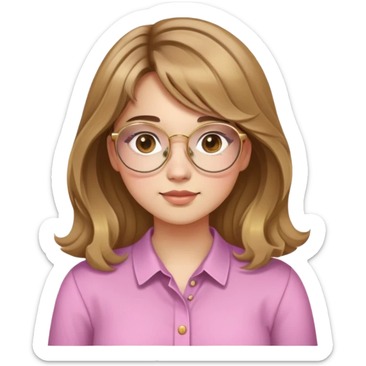 young adult woman with light skin, round face, prominent cheeks, medium plump body, long light brown hair with golden highlights, voluminous and wavy, long bangs over eyebrows, large octagonal glasses with thin golden or light pink frame, casual dark shirt sticker