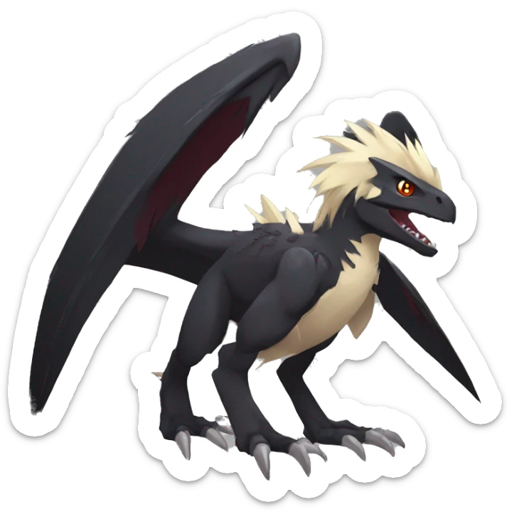  Cool Edgy Black Digimon-Fakemon-Raptor-Reptile with beige belly and maroon-colored mane full body sticker