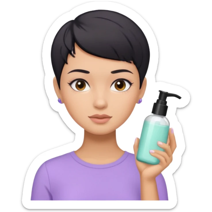 tan girl with pastel purple shirt with black hair & a pixie, doing her skin care sticker
