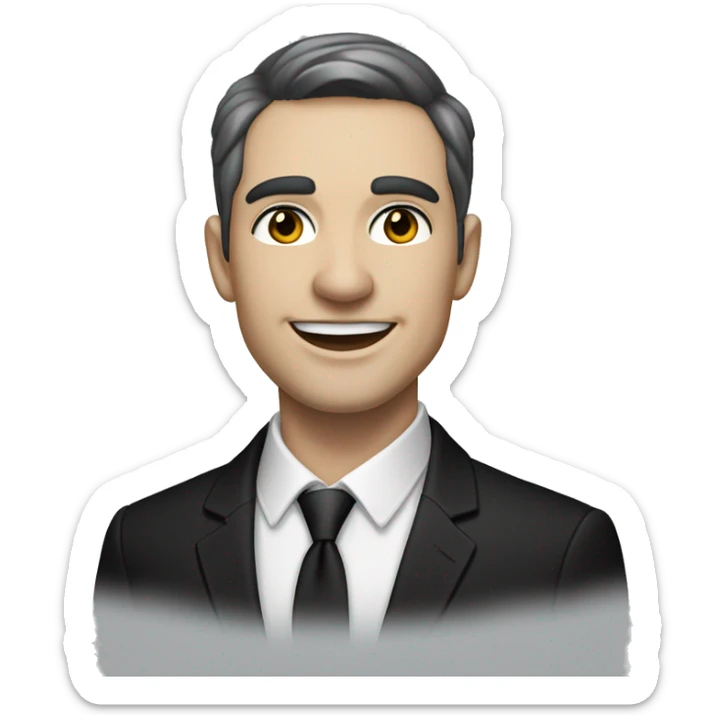 Portrait of an adult smiling man, pale light skin, short bold black-gray ombre hair, black eyes, wearing a black office suit and a white collared shirt underneath. sticker