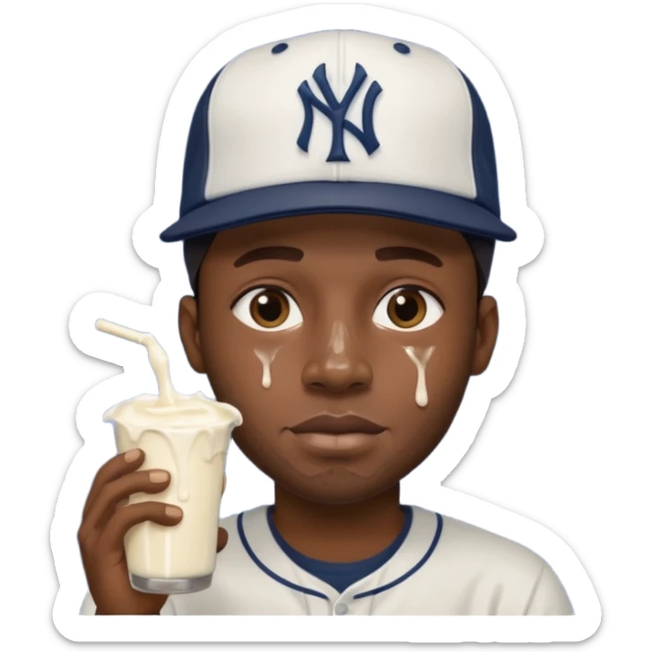 Large African American guy with New York Yankees hat face dripping in milk sticker