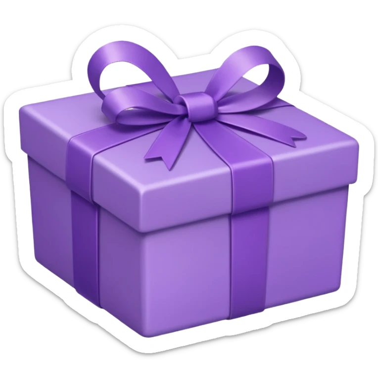 A cute emoji-style illustration of a purple gift box with a ribbon, pastel purple tones, rounded shape, kawaii style, simple clean lines, soft shading, minimal details, centered composition, transparent background sticker