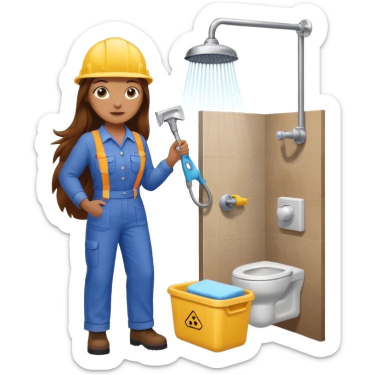 beautiful girl with long brown hair constructing new bathroom area with new shower and amenities  sticker