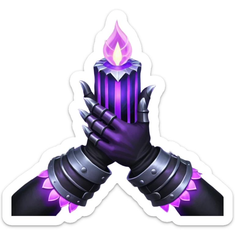 A Discord emoji of a pair of black armored gauntlets holding a flickering violet flame. The hands are positioned as if offering a gift. Dark gothic fantasy, glowing magical effects, high contrast, 2D vector style, white background. sticker