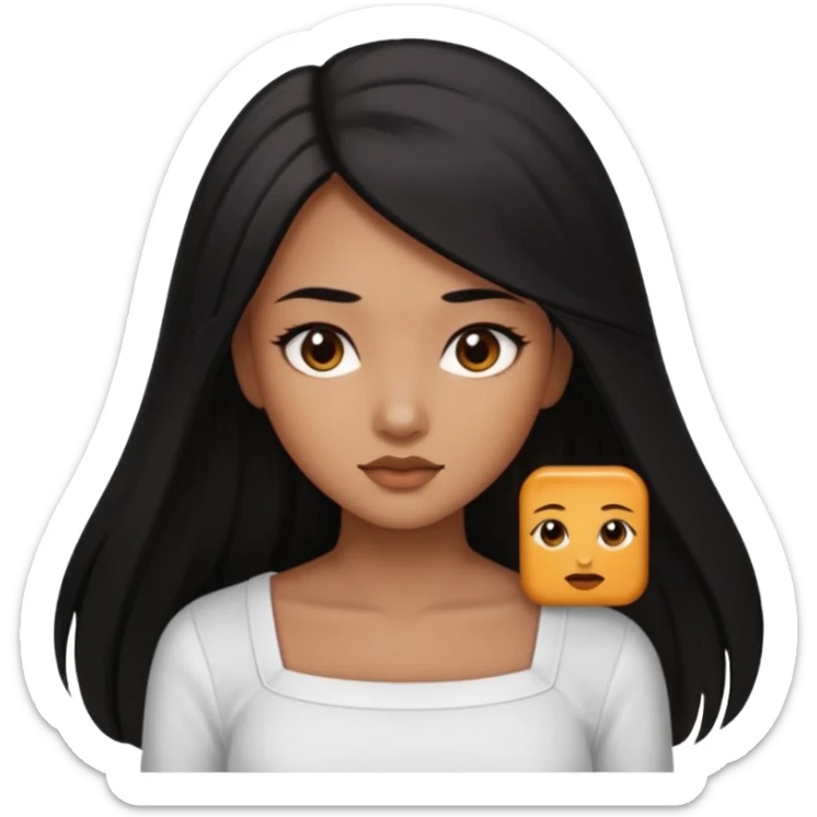 A deep skin girl (deep skin is caramel color not dark) with long black hair swept TO THE FRONT and a square neckline shirt and brown eyes sticker