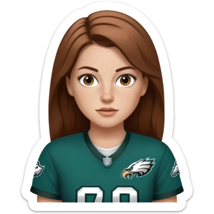White girl with long milk chocolate brown hair parted down the middle and freckles wearring a Philadelphia eagles jersey sticker