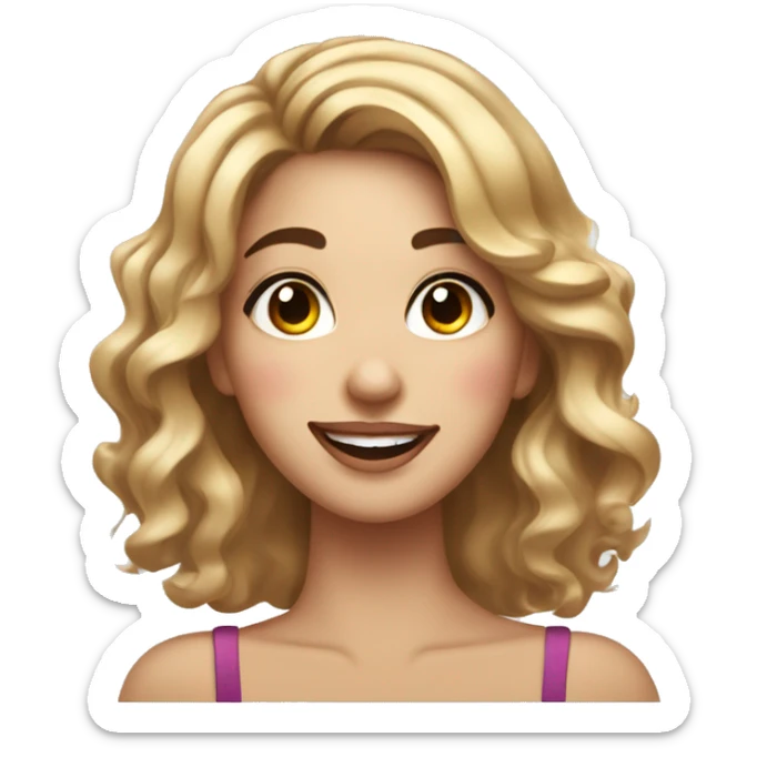 An emoji of a smiling woman with wavy, shoulder-length hair, wearing sparkling eye makeup and a soft, friendly expression. One hand gently touches her face, showcasing her elegance and joy sticker
