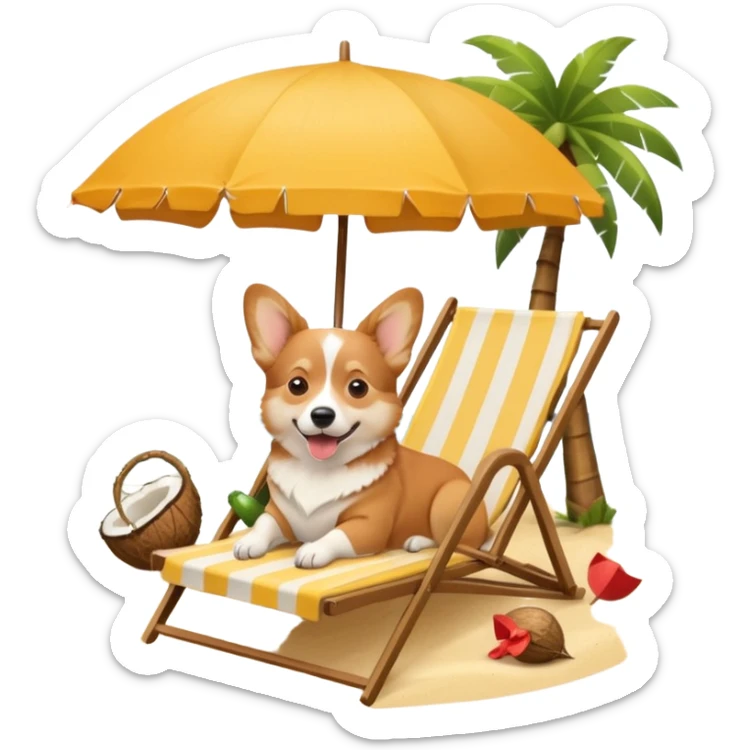 a corgi dog laied on a beach chair, a sunny beach, a sun umbrella, and beach coconut trees. the icon should capture the essence of a relaxing beach vacation with a carefree atmosphere sticker