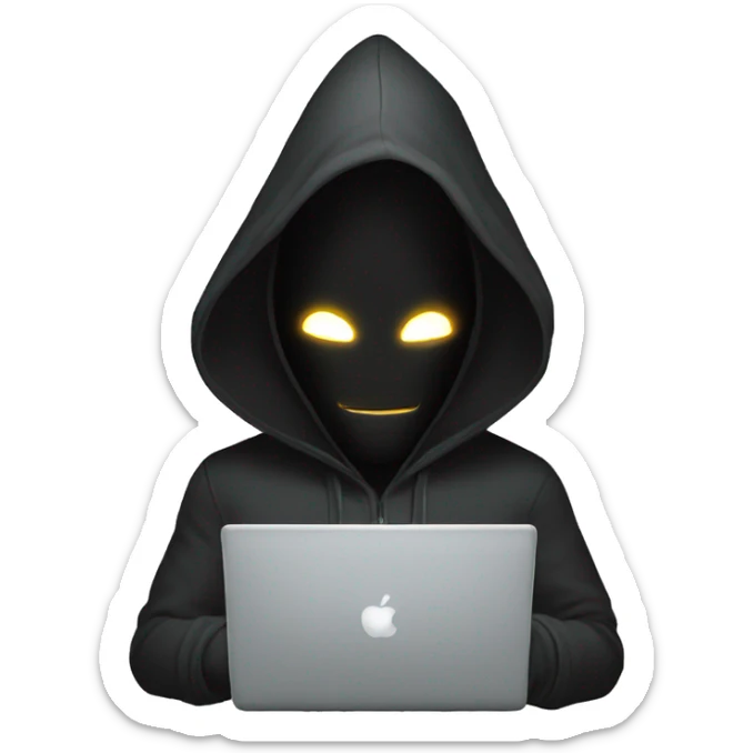 hooded masked man with a laptop and bright glowing white eyes sticker