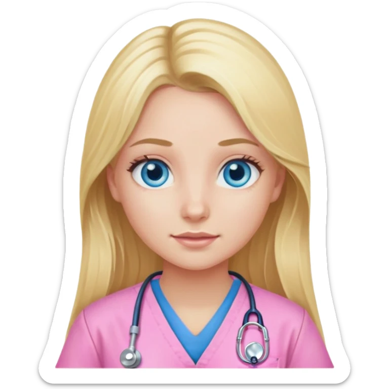 Blonde girl blue eyes long hair pink scrubs  sticker