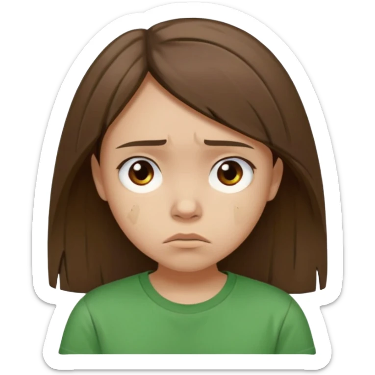 Young girl with straight, damaged, unkempt hair, wearing a green T-shirt, with a sad and discouraged expression on her face. sticker