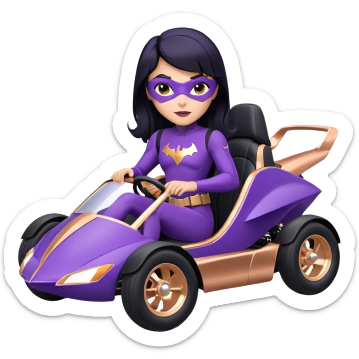 Hot full size real-appearance racing action BatGirl’s Lego feminine midnight-purple tight outfit sixty’s tv show 1992 stealthy retro sporty petite off-road pursuit hovering hover cruiser car rose gold accents (black hair,reclined and relaxed seating position) go kart  sticker