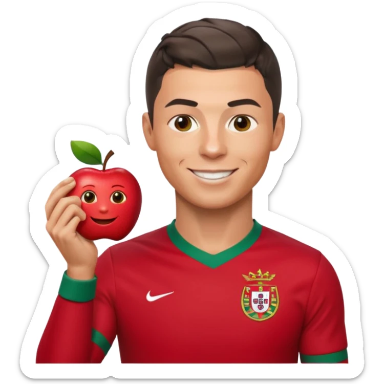 Cristiano Ronaldo as an apple-style emoji, smiling, short hair, Portugal jersey sticker