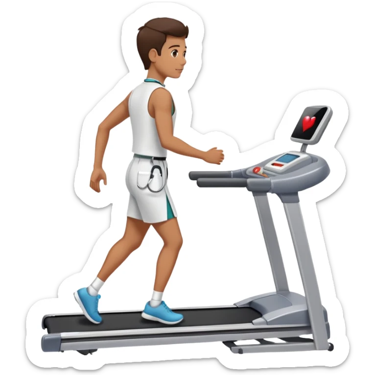 patient walking on a treadmill, doctor observing from the side, heart monitor visible sticker