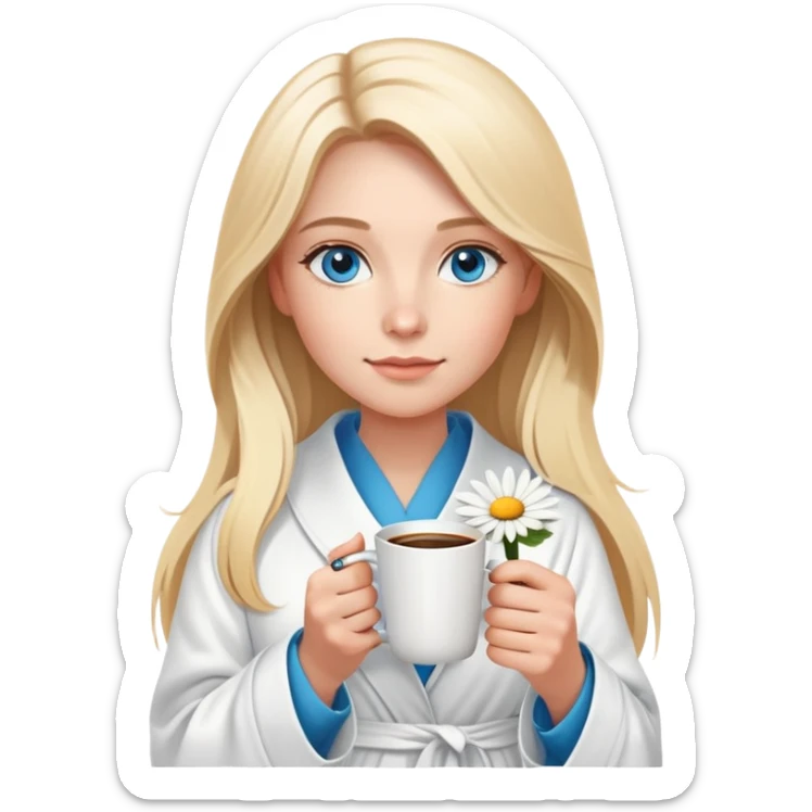 girl
blue eyes
long blond hair
wearing housecoat
holding a white mug of coffee that has a daisy on the mug
wearing rose gold apple watch  sticker