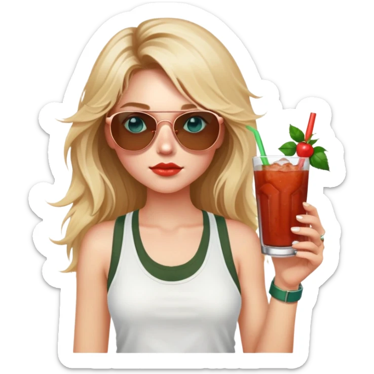 girl with long blond messy hair
with blue eyes
and aviator sunglasses
wearing white tank top 
holding bloody mary
wearing (rose gold apple watch with forest green band) sticker