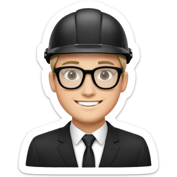 Un joven masculino con traje de color negro, camisa negra, usa lente, su cara es redonda alargada, tiene una bonita sonrisa, tiene un casco color negro.  sticker