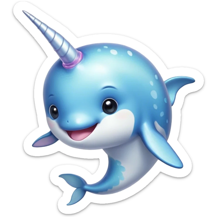Cinematic Cute Cute Narwhal Portrait Emoji, Head tilted playfully and inquisitively, featuring a charming, sleek body with softly iridescent skin, a prominently spiraled tusk and large, twinkling eyes full of gentle wonder, Simplified yet irresistibly adorable features, highly detailed, glowing with a warm, inviting ocean glow, high shine, affectionate and lively, stylized with a touch of magical sea whimsy, soft glowing outline, capturing the essence of a mischievous yet endearing cute narwhal that seems as if it could frolic out of the screen into your heart! sticker