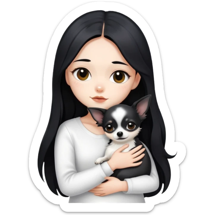 A girl with fair skin, long black hair, white clothes, gently, with both hands tightly, hugging a black Chihuahua sticker