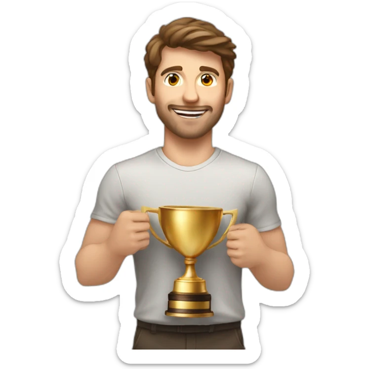 the white European man brown hair Celebrating, Raising a gold trophy in your hands, full body sticker