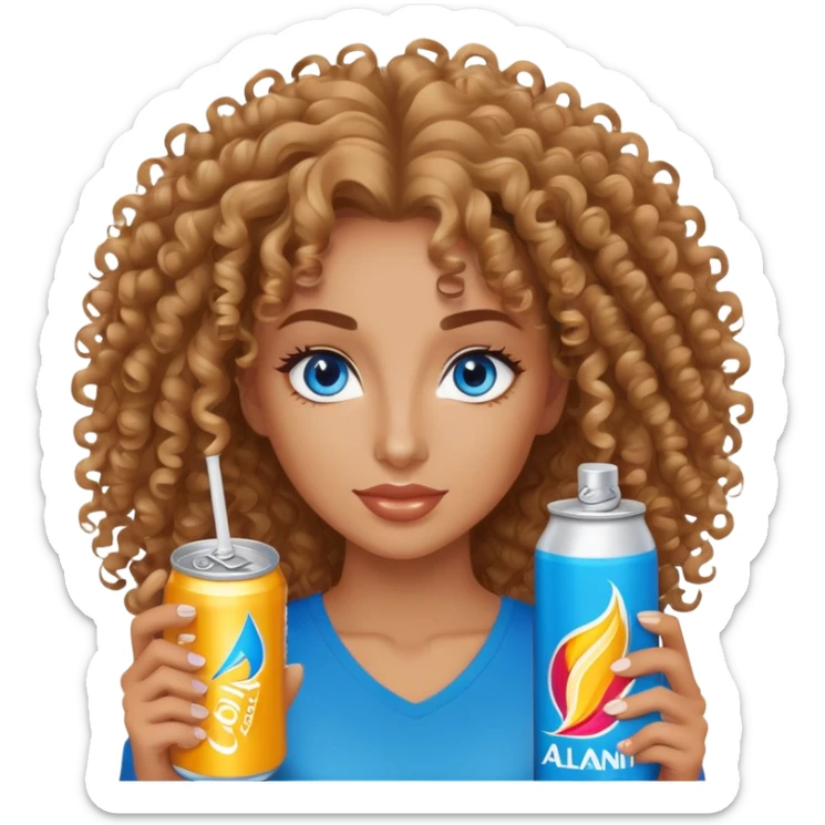 Curly haired, Blue eyed woman holding an alani energy drink can sticker