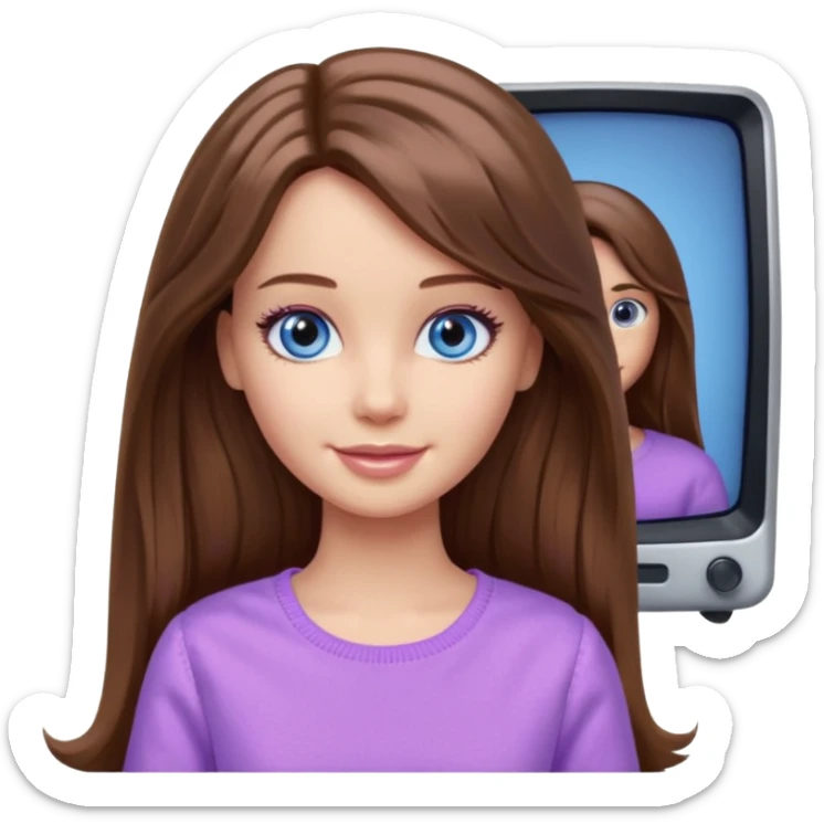 beautiful barbie girl with long brown hair, blue eyes and wearing light purple clothes watching stranger things on tv sticker