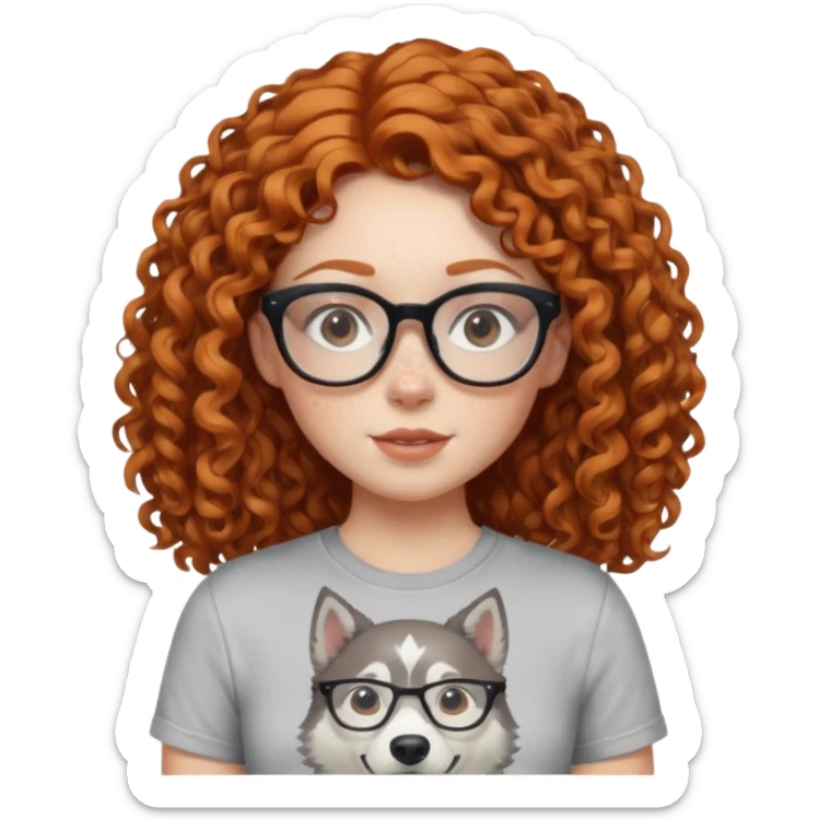 make a ginger girl with freckles and glasess. make her hair curly and she has a husky on her shirt sticker