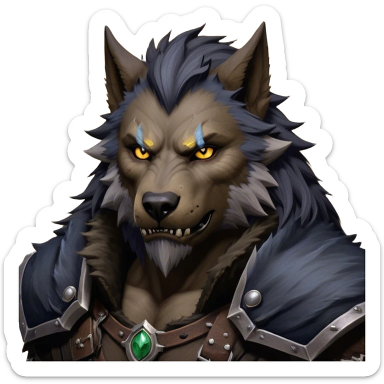 Cinematic Realistic WoW Worgen Portrait, depicted as a fearsome blend of man and beast, with rugged, dark fur intermingling with tanned, weathered skin. His piercing amber eyes and fierce expression are framed by disheveled hair and subtly detailed, worn leather attire in dark, consistent hues. Rendered with lifelike texture and dramatic, natural lighting, high shine, noble and formidable, capturing the primal nobility of a legendary worgen warrior. sticker