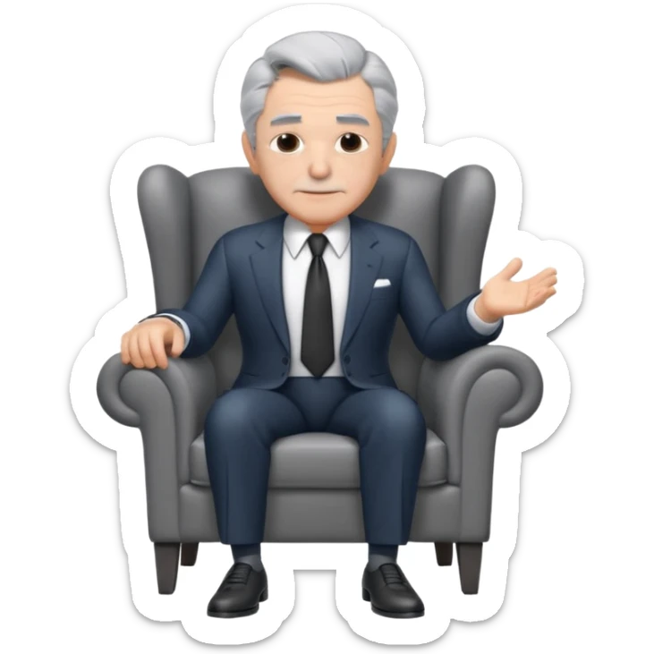 elderly businessman sitting in an armchair, wearing a formal suit and tie, gray hair, confident wise expression, corporate boss vibe, 3D cartoon style, mobile game icon style, clean background, no text, no watermark
 sticker