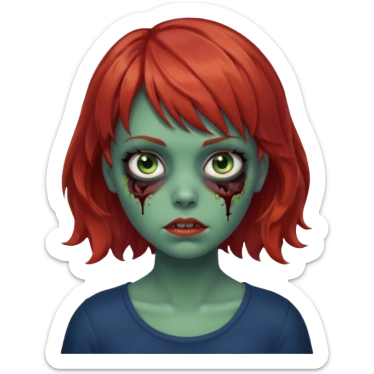 Zombie girl emoji with short red hair and bangs. Blue eyes, green skin, and a black top Her hair is slightly wavy sticker