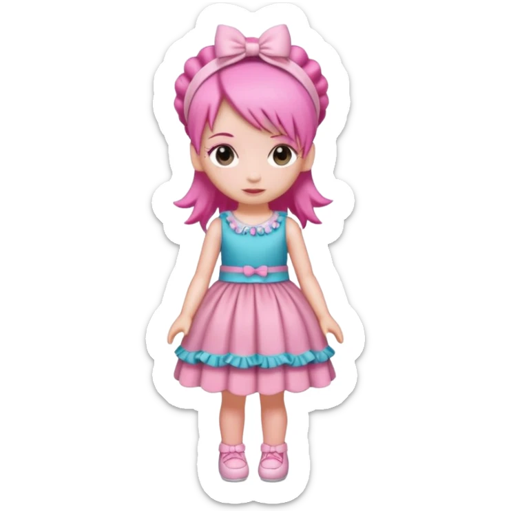 Isolated detaile illustration of the most modern raspberry torte doll figurine full body with pink hair and a hairband sticker