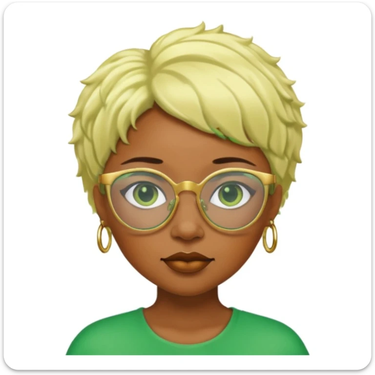 Caramel skin black woman 52 with green glasses that have gold edges and very blonde hair that’s very short but still puffy and small sticker