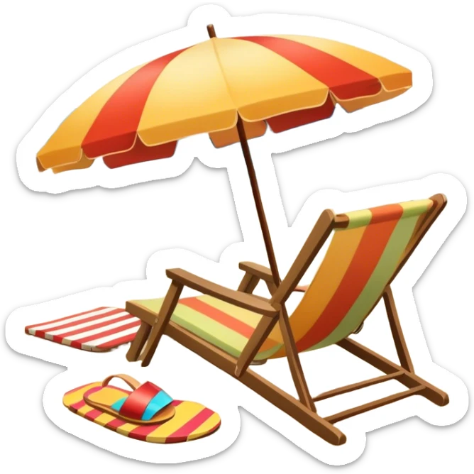 Icon for Beach Tourism: a sunny beach with the sea and waves, a lounge chair, a sun umbrella, and flip-flops on the sandy shore. The background should be a clear, vibrant ocean view with the sun shining brightly. Transparent background. sticker