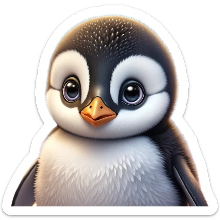 Cinematic Cute Baby Penguin Portrait Emoji, Head tilted playfully and inquisitively, with irresistibly fluffy plumage accented by a tiny beak and round, sparkling eyes filled with wonder, Simplified yet irresistibly adorable features, highly detailed, glowing with a warm, friendly polar glow, high shine, affectionate and lively, stylized with a touch of whimsical charm, bright and endearing, soft glowing outline, capturing the essence of a mischievous yet loving penguin that feels like it could slide out of the screen into your arms! sticker