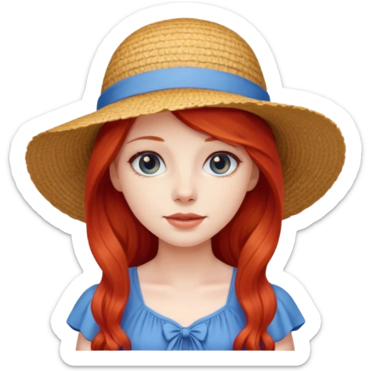 girl_wearing_summer_hat, red long hair, blue dress sticker
