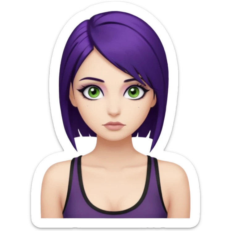 alternative girl with dark purple hair and big eyelashes, beautiful makeup and greenish grey eyes, straight eyebrows & wearing a low cut black tank top sticker