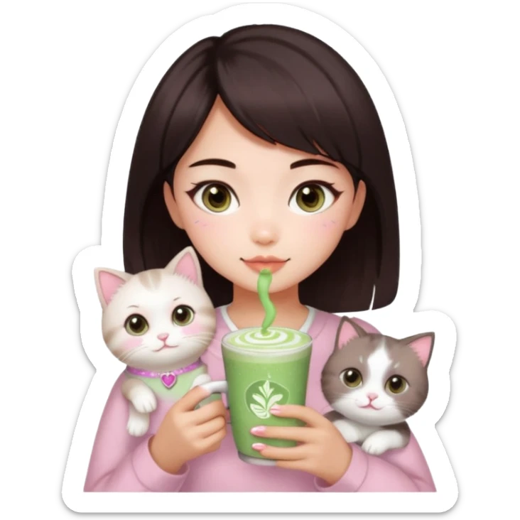 asian girl with short dark brown hair and dark brown eyes with a soft girl pink glowup aesthetic. matcha latte sparkles girly things, 2 ragdoll cat sticker