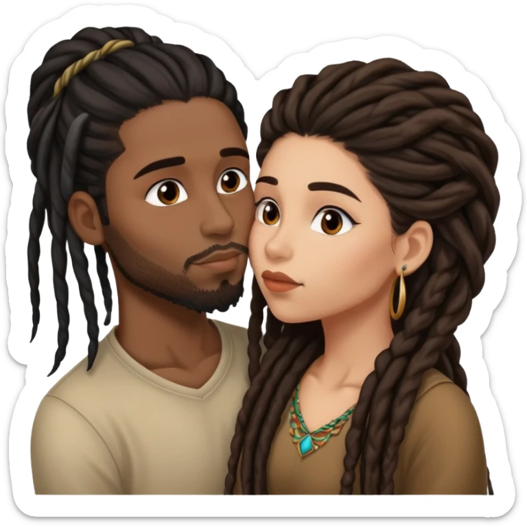 Latina Woman with long hair kissing a young black guy with dreads no beard sticker