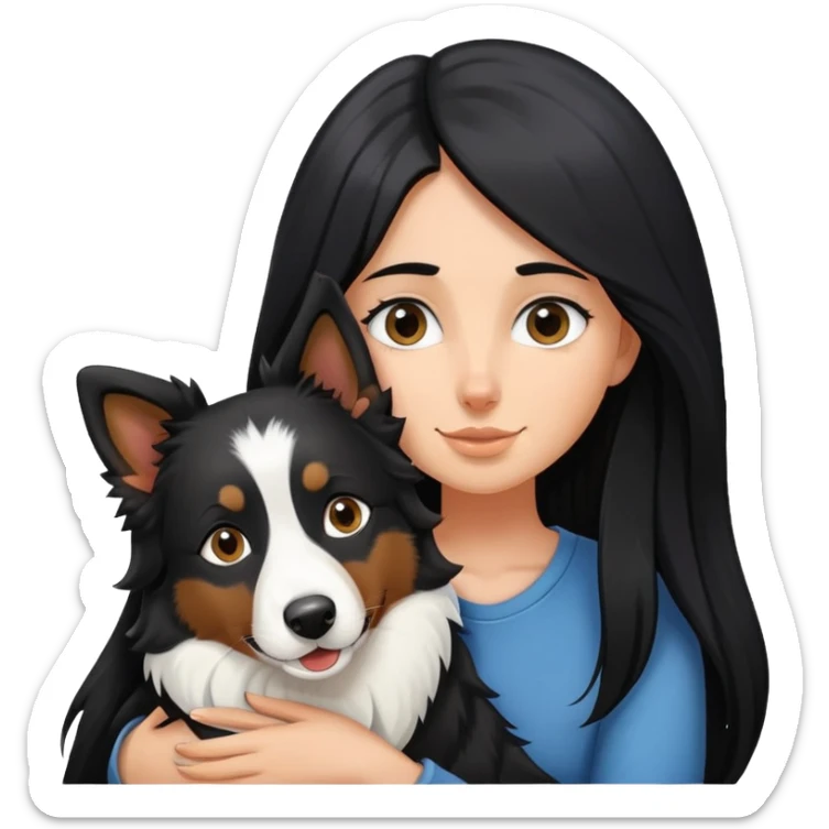 A white girl with long black  hair tightly hugged a Border Collie sticker