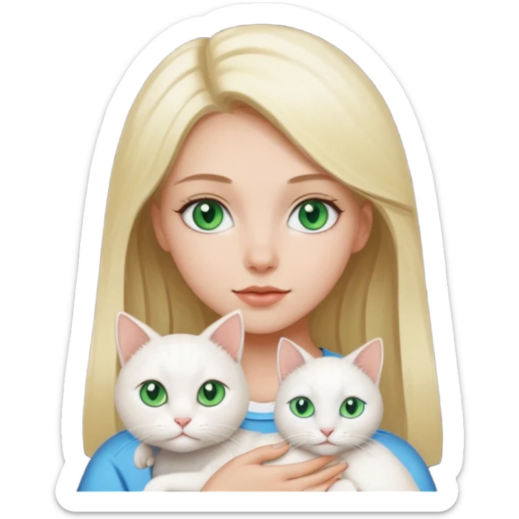 Blonde girl with green eyes holding a white cat with blue and green eyes sticker