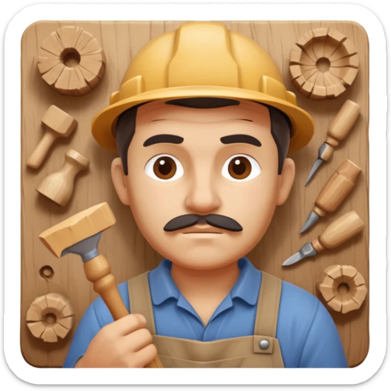 wood carving carpenter portrait, head and shoulders only, carving wooden figure with chisel, wood shavings visible, focused craftsman expression, artisan workshop vibe, 3D cartoon style, mobile game icon style, clean background, no text, no watermark
 sticker