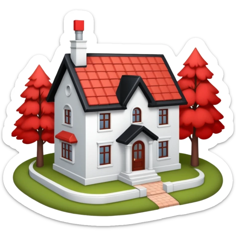 Dom z czarnym dachem i biała elewacja ze wstawkami z czerwonej cegły.Na drugim planie las. sticker
