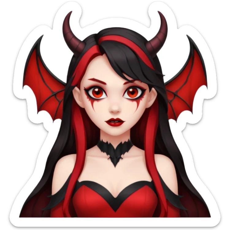 demon girl, skin red , black long hair, small horns, bat wing, black open-back dress, bold black outlines, red+black palette sticker