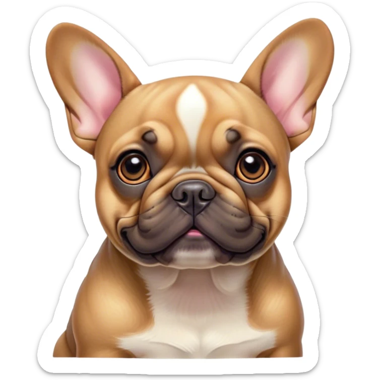 Cinematic Cute Fawn French Bulldog Portrait Emoji, Head tilted playfully and inquisitively, featuring a glossy fawn coat with a smooth texture, round, sparkling dark eyes filled with curiosity, Simplified yet irresistibly adorable features, highly detailed, glowing with a warm, friendly glow, high shine, affectionate and lively, stylized with a touch of whimsy, bright and endearing, soft glowing outline, capturing the essence of a mischievous yet loving companion, so playful it feels like it could prance out of the screen and into your arms! sticker