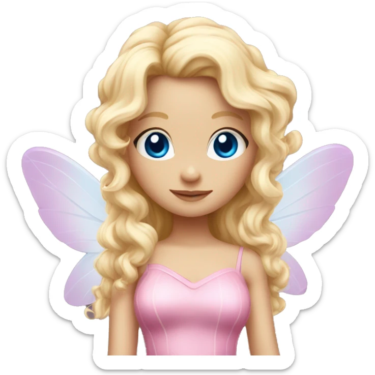 Fairy, a blonde hair with blue eyes and a pink dress with sparkly wings. White wings. The fairy has long, curly hair with a lot of volume sticker