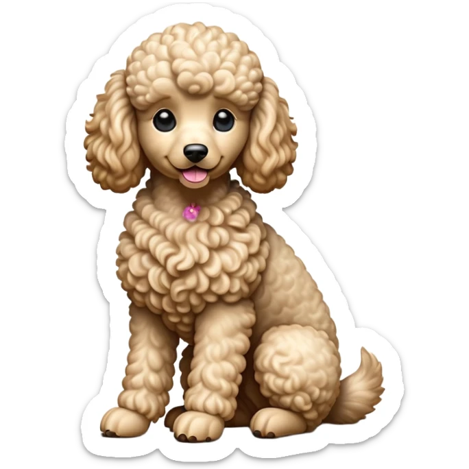 cinematic-[poodle]-realistic-full-body-sitting-emoji,-tail-resting-loosely-beside-its-paws,-head-tilted-dramatically, -curly-[cream]-fur,-simplified-yet-realistic-focused-features,-highly-detailed,-glowing-with-an-almost-sarcastic-glow sticker