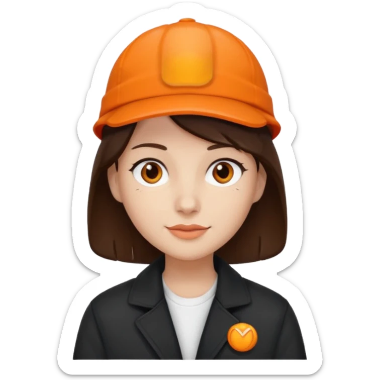 Kindly Keyin with dark brown hair, orange cap and shirt, black jacket sticker