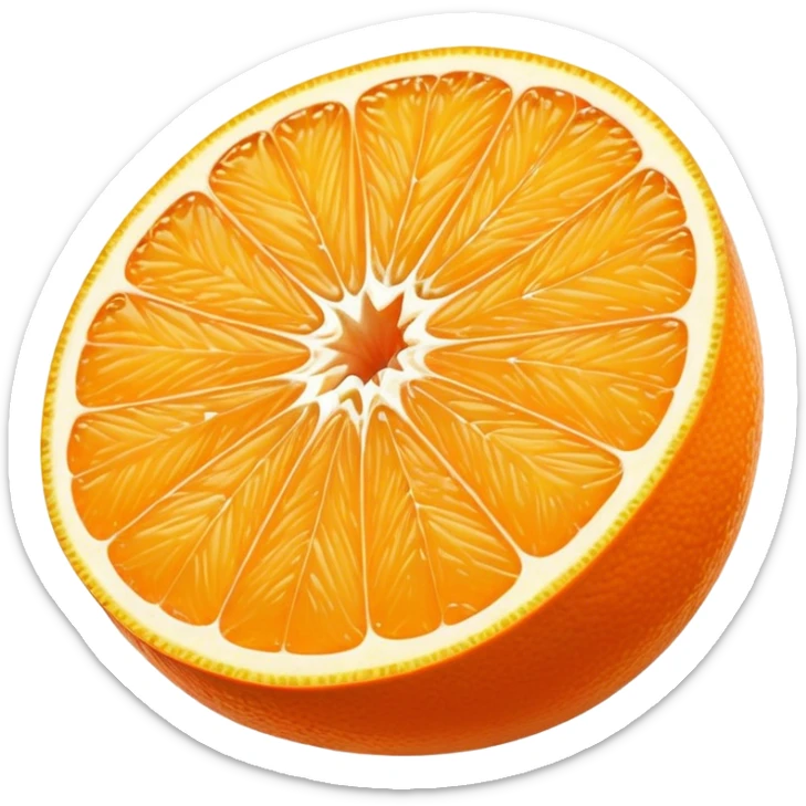 Cinematic juicy orange, sliced open to reveal glistening, bright citrus flesh, soft golden highlights, fresh and refreshing, natural and vibrant. sticker