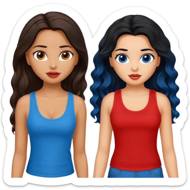 generate a pretty tan bratz girl with brown wavy hair long wearing a red tank top. talking to a girl with black hair wearing blue sticker